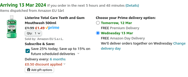 Screenshot showing Listerine Total Care Teeth and Gum Mouthwash 500ml for £1.49 at Amazon