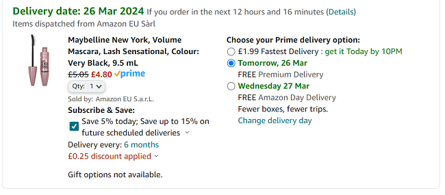 Screenshot showing Maybelline Lash Sensational Mascara Very Black for £4.80 at Amazon
