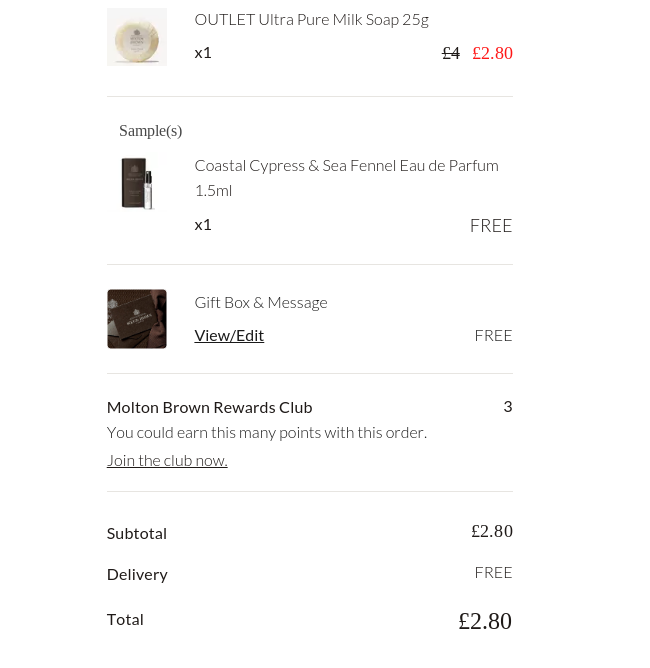 Screenshot showing Molton Brown Soap for £2.80 delivered