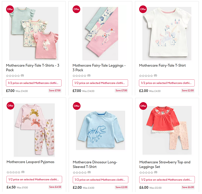 Screenshot showing Mothercare 50% Off Mid Season Sale items at Boots
