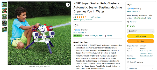 Screenshot showing NERF Super Soaker RoboBlaster for £9.60 at Amazon