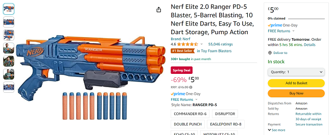 Screenshot showing Nerf Elite 2.0 Ranger PD-5 Blaster for £5 at Amazon