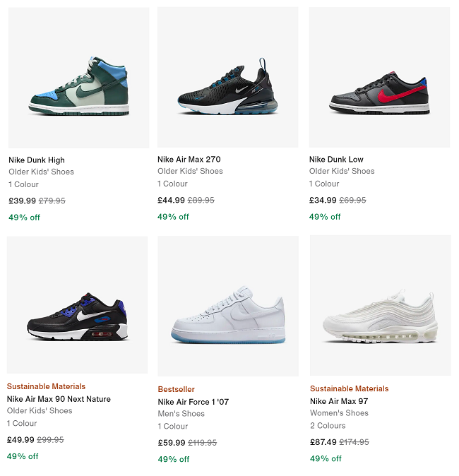 Screenshot showing sale shoes at Nike