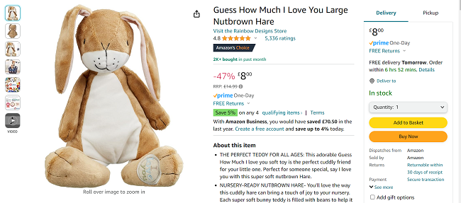 Screenshot showing Guess How Much I Love You Large Nutbrown Hare for £8 at Amazon