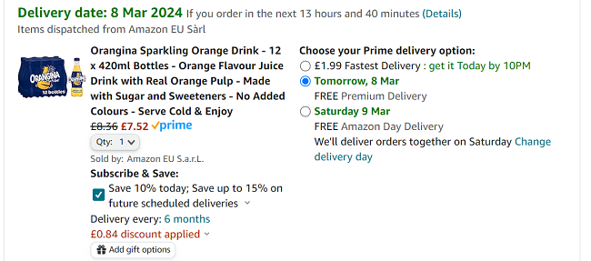 Screenshot showing Orangina Sparkling Orange Drink 12 x 420ml Bottles for £7.52 at Amazon