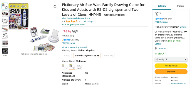 Screenshot showing Pictionary Air Star Wars for £6.15 at Amazon