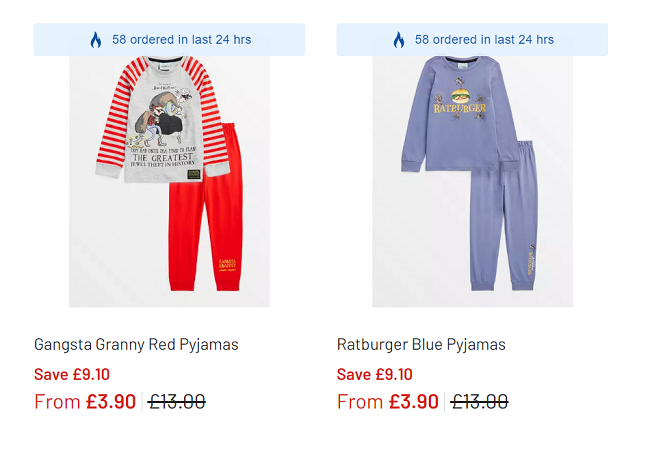 Screenshot showing Gangsta Granny or Ratburger Pyjamas from £3.90 at Argos