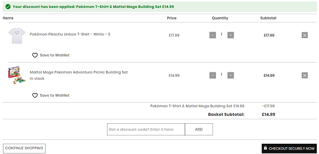 Screenshot showing Pokémon T-Shirt & Mattel Mega Pokémon Adventure Building Set Bundle for £14.99 at IWOOT