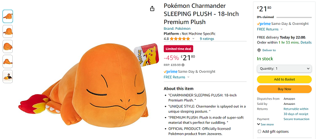 Screenshot showing Pokémon Charmander Sleeping 18 Inch Premium Plush for £21.80 at Amazon