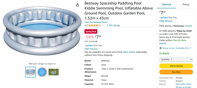 Screenshot showing Bestway Spaceship Paddling Pool for £7.99 at Amazon