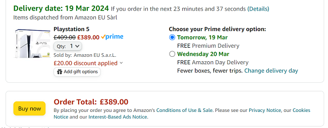 Screenshot showing Playstation 5 Slim 1TB Disc Version for £389 for Prime members at Amazon