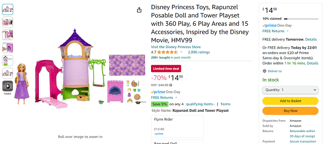 Screenshot showing Disney Princess Rapunzel Posable Doll & Tower Playset for £14.98 at Amazon