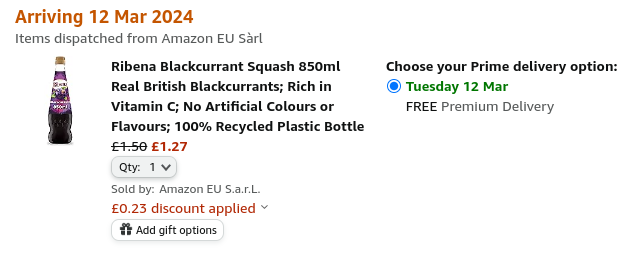 Screenshot showing Ribena Blackcurrant Squash 850ml for £1.27 at Amazon