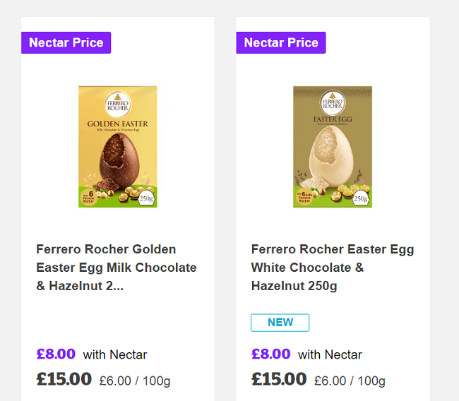 Screenshot showing Ferrero Rocher Easter Egg Milk or White Chocolate & Hazelnut 250g for £8 at Sasinbury's