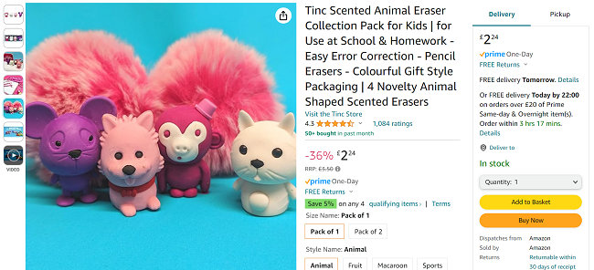 Screenshot showing Tinc Scented Animal 4 Eraser Collection for £2.24 at Amazon