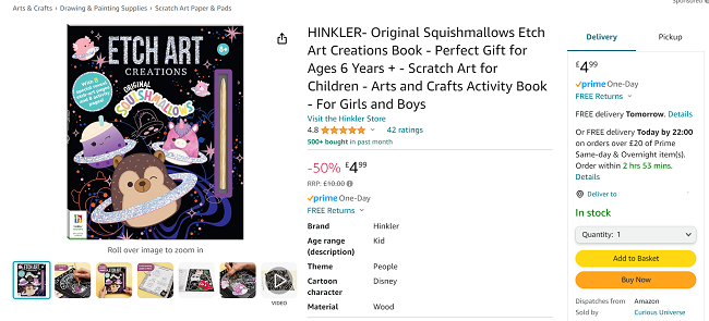 Screenshot showing Original Squishmallows Etch Art Creations Book for £4.99 at Amazon / Curious Universe