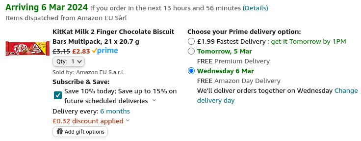 Kit Kat Milk 2 Finger Chocolate Biscuit Bars Multipack 21 x 20.7g £2.83 @ Amazon