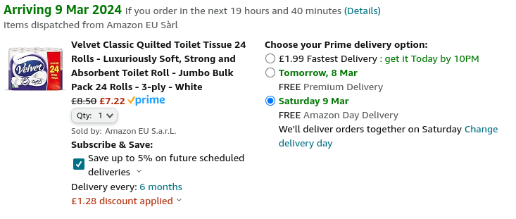 Velvet Classic Quilted Toilet Paper 24 Roll Pack £7.22 @ Amazon