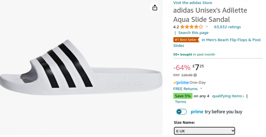 adidas Unisex's Adilette Aqua Slide Sandal £7.25 @ Amazon