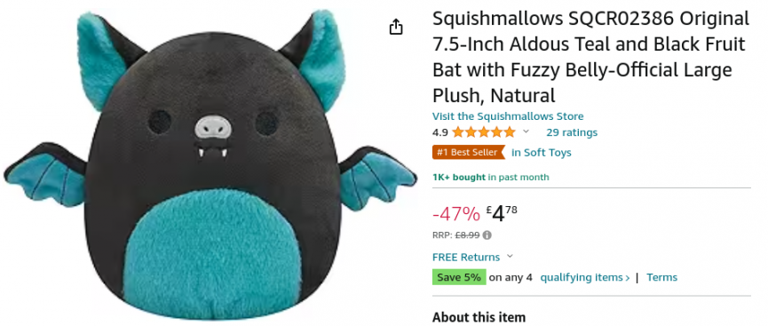 Squishmallows Original 7.5-Inch Aldous Teal and Black Fruit Bat £4.78 @ Amazon