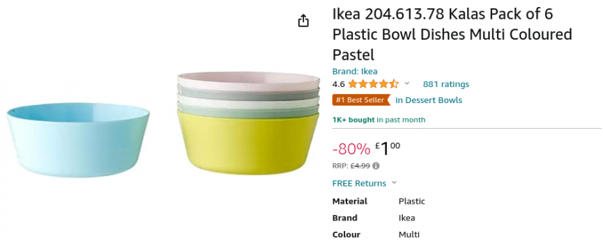 Ikea Kalas Pack of 6 Plastic Bowl Dishes £1 @ Amazon