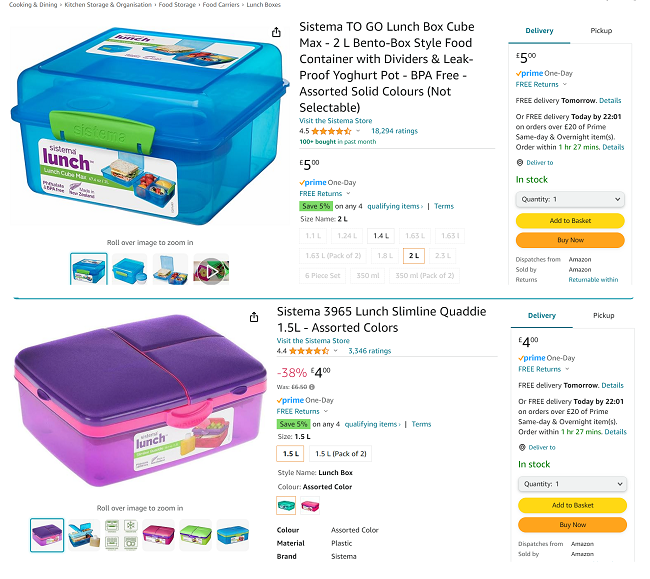 Screenshot showing Sistema lunch boxes at Amazon