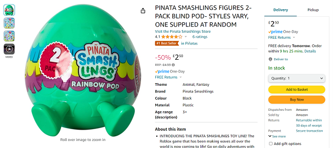 Screenshot showing Pinata Smashlings Minifigure 2 Pack Blind Pod for £2.50 at Amazon