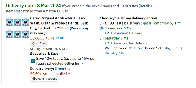 Screenshot showing Carex Original Antibacterial Hand Wash 6 x 250ml for £5.40 at Amazon