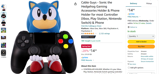 Screenshot showing Cable Guys Sonic the Hedgehog Gaming Accessories Holder & Phone Holder for £14.44 @ Amazon