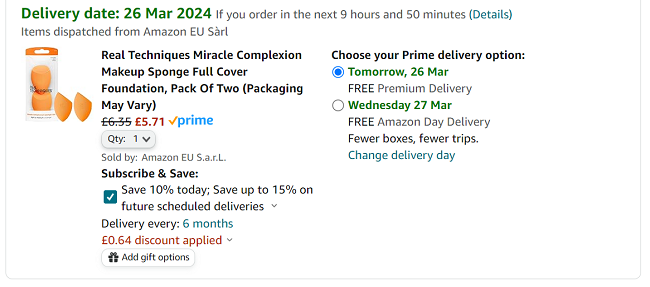 Screenshot showing Real Techniques Miracle Complexion Makeup Sponge 2 Pack for £5.71 at Amazon
