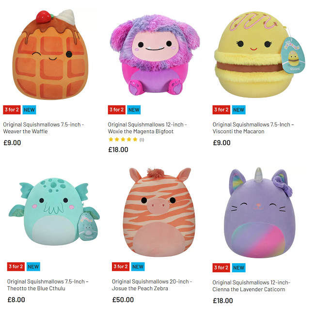 Screenshot showing 3 for 2 on selected Squishmallows offer at Argos