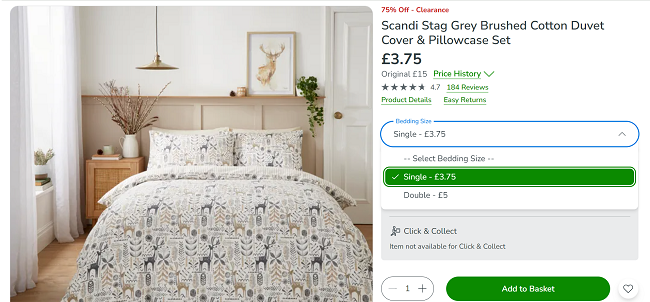 Screenshot showing Scandi Stag Grey Brushed Cotton Duvet Cover & Pillowcase Set from £3.75 at Dunelm