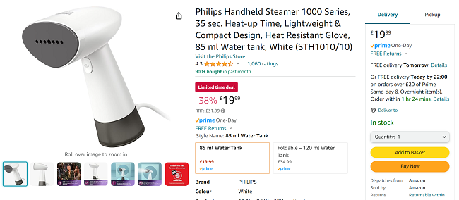 Screenshot showing Philips Handheld Steamer 1000 Series for £19.99 at Amazon