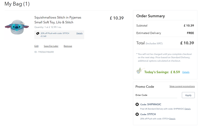 Screenshot showing Stitch Squishmallow for £10.39 with free delivery at Disney Store