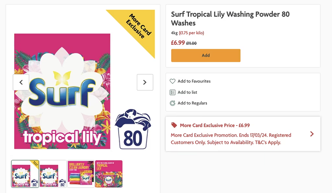 Screenshot showing Surf Tropical Lily Washing Powder 80 Washes for £6.99 with More Card at Morrisons