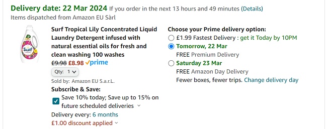 Screenshot showing Surf Tropical Lily Concentrated Liquid Laundry Detergent 100 Wash for £8.98 at Amazon