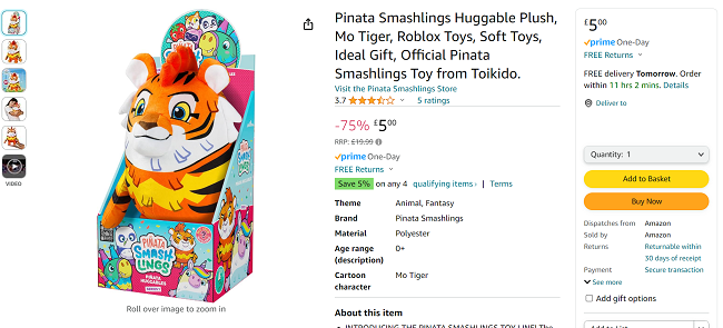 Screenshot showing Pinata Smashlings Huggable Plush Mo Tiger for £5 at Amazon