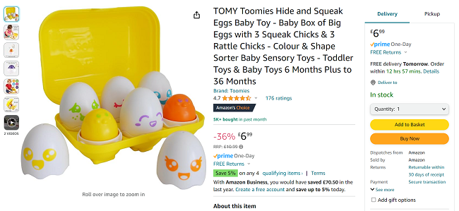 Screenshot showing Tomy Toomies Hide and Squeak Eggs Baby Toy for £6.99 at Amazon
