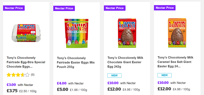 Screenshot showing reduced Tony's Chocolonely Easter items at Sainsbury's