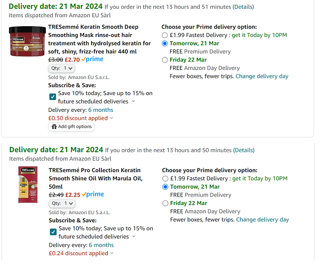 Screenshot showing reduced TRESemmé Pro Collection Keratin Smooth items at Amazon