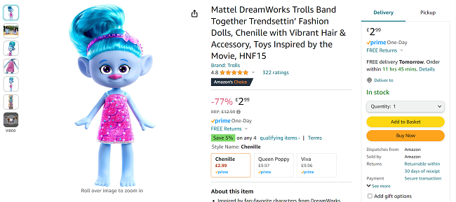 Screenshot showing DreamWorks Trolls Band Together Trendsettin’ Fashion Doll Chenille for £2.99 at Amazon