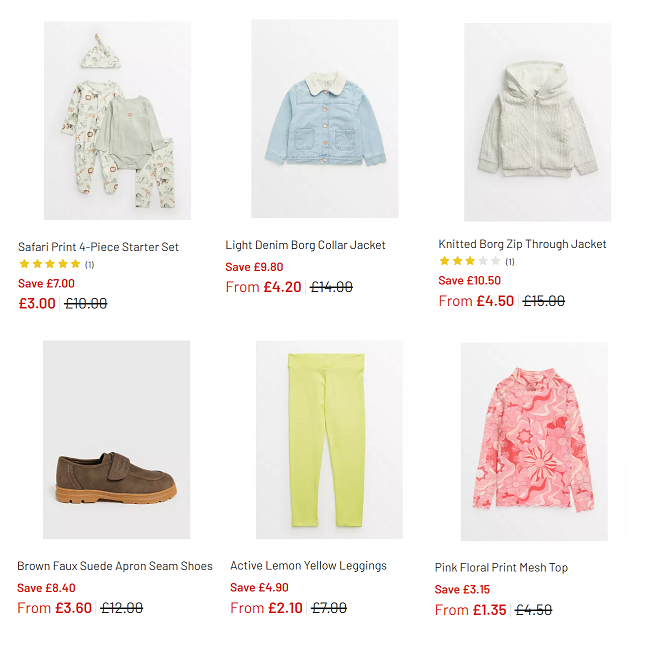 Screenshot of clothing sale at Argos