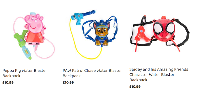 Screenshot showing Character Water Blaster Backpacks from Bargain Max