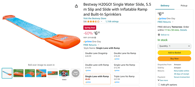 Screenshot showing Bestway H20GO Single Water Slide for £6.83 at Amazon