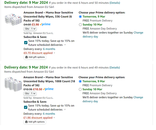 Screenshot showing Mama Bear Sensitive Unscented Baby Wipes Pack of 6 for £3.98 at Amazon