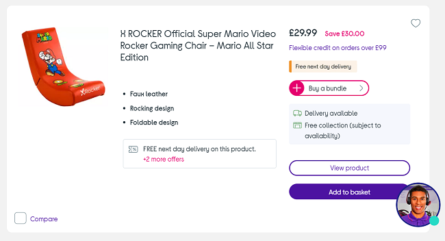 Screenshot showing X ROCKER Official Super Mario Video Rocker Gaming Chair Mario All Star Edition for £29.99 at Currys