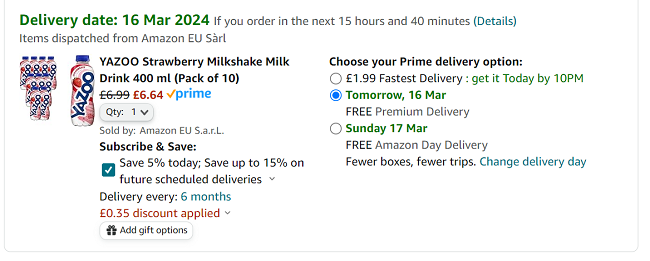 Screenshot showing Pack Of 10 Yazoo Milkshake Drink 400ml for £6.64 at Amazon