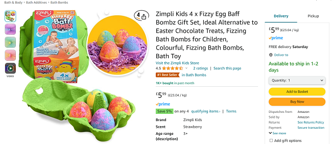 Screenshot showing Zimpli Kids 4 x Fizzy Egg Baff Bombz Gift Set for £5.99 at Amazon