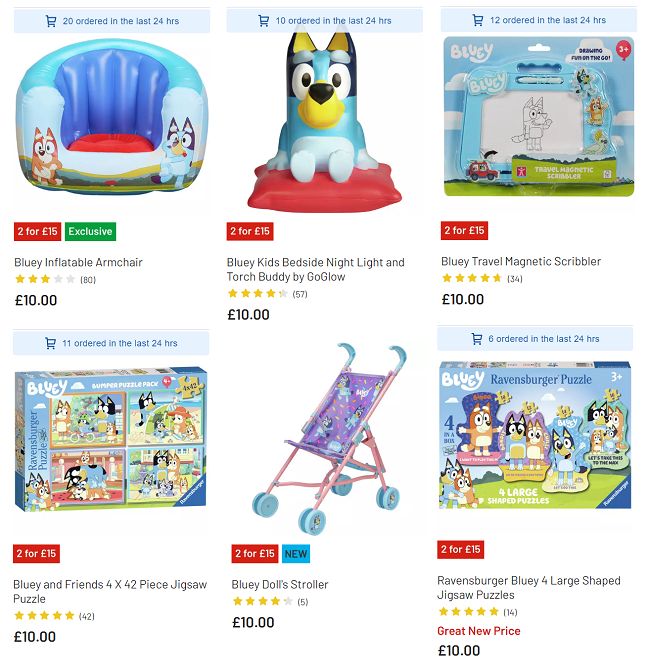 2 for 15 or 2 for 20 on selected Bluey Toys Argos