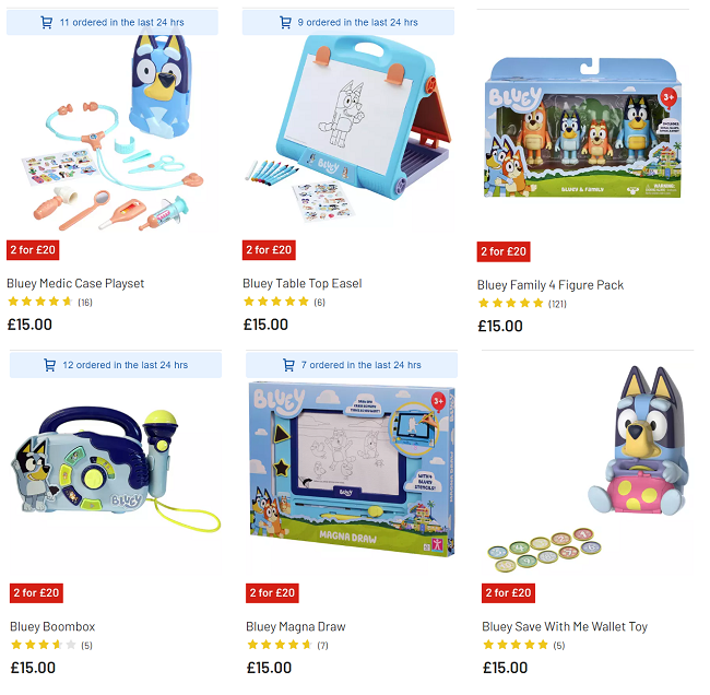 Screenshot showing 2 for £20 Bluey toys at Argos
